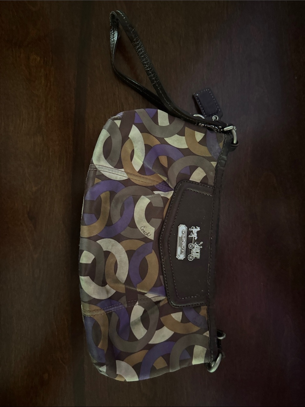 Coach Signature Pattern Wristlet in Brown, Purple & Cream